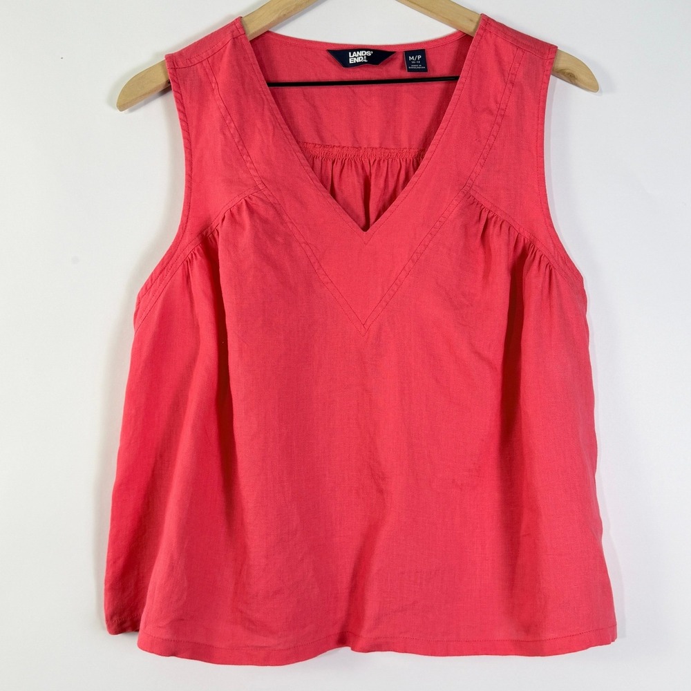 Lands End Womens Medium Coral Pink 100% Linen Sleeveless V-Neck Blouse Top
